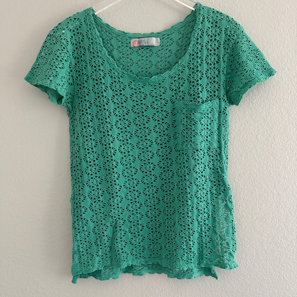 Free People FP Beach Crochet Knit Top Womens XS Teal Green Short Sleeve Pocket